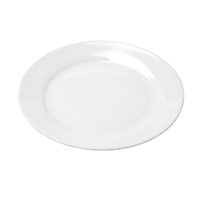 A plain white empty ceramic plate.