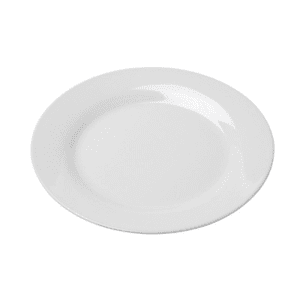 A plain white ceramic plate with a smooth finish.
