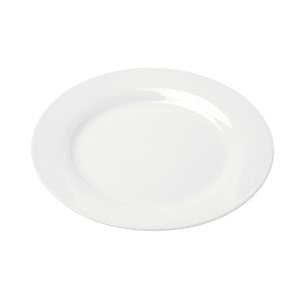A plain white ceramic plate with a smooth surface.