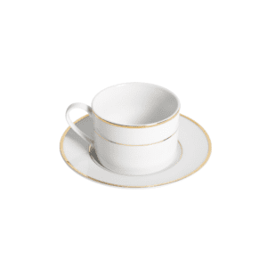 Elegant white porcelain teacup with a gold rim and matching saucer.