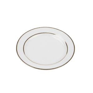A white ceramic plate with a gold rim.
