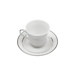White teacup with matching saucer and silver trim.
