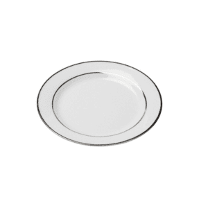 A simple white ceramic plate with a thin gray rim.