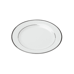 A simple white ceramic plate with a subtle gray rim.